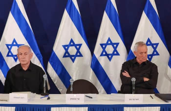 Israeli prime minister Benjamin Netanyahu and Cabinet minister Benny Gantz during a press conference in the Kirya military base in Tel Aviv , Israel , 28 October 2023.