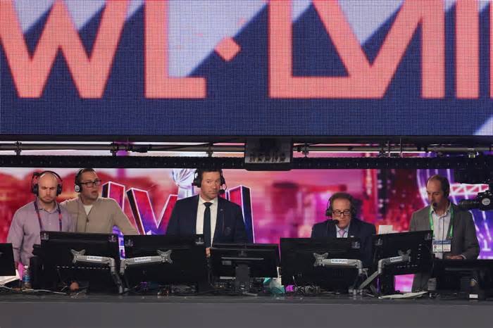 Tony Romo and Jim Nantz were on the Super Bowl LVIII call for CBS in Las Vegas. (Rob Carr/Getty Images)
