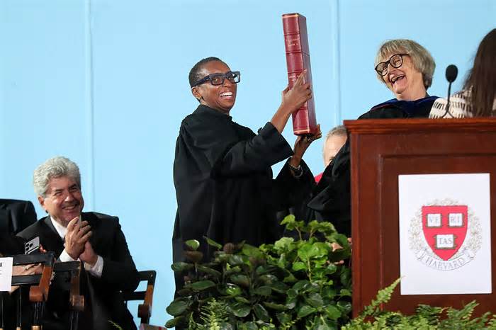 Claudine Gay on stage in Harvard Yard, where she was formally inaugurated as Harvard University's 30th president on Sept. 29, 2023.