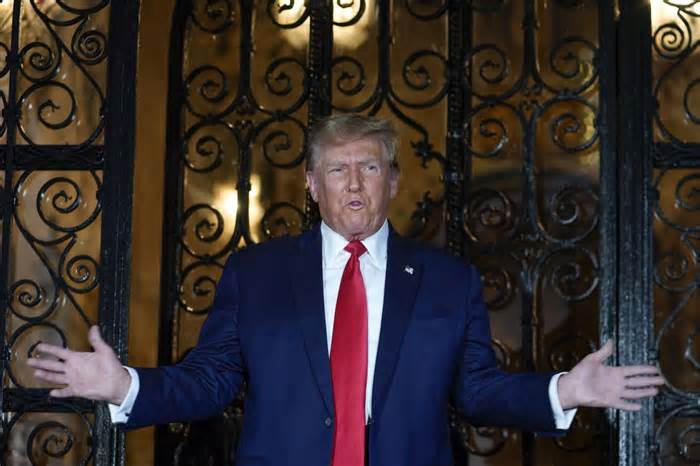 Republican presidential candidate former President Donald Trump speaks at his Mar-a-Lago estate, Friday, Feb. 16, 2024, in Palm Beach, Fla.