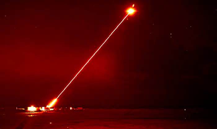 The DragonFire laser weapon fires at a drone