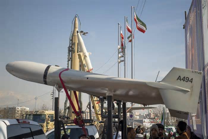 An Iranian-made unmanned aerial vehicle (UAV), the Shahed-136, is being displayed at the Azadi (Freedom) Square in western Tehran, Iran, on February 11, 2024, during a rally to mark the 45th anniversary of the victory of Irans 1979 Islamic Revolution. The revolution led to the overthrow of the Pahlavi dynasty and the establishment of the present-day Islamic Republic of Iran.