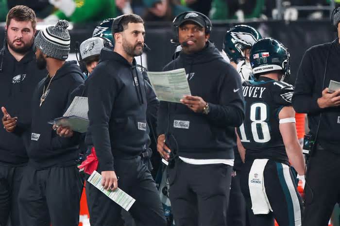 Philadelphia Eagles Head Coach Nick Sirianni and offensive coordinator Brian Johnson during the first quarter against the Giants Monday, Dec. 25, 2023, at Lincoln Financial Field, in Philadelphia.