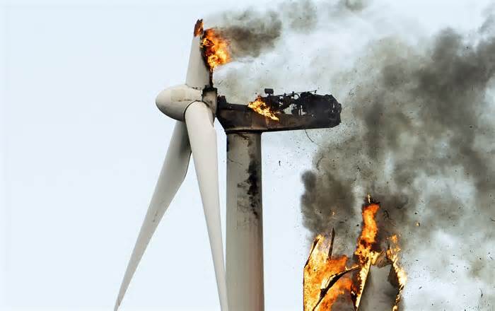 A wind turbine falls apart after catching fire. US county governments are increasingly refusing to host renewable energy industries