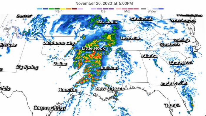 A forecast radar shows storms expected to descend upon the South Monday evening. - CNN Weather