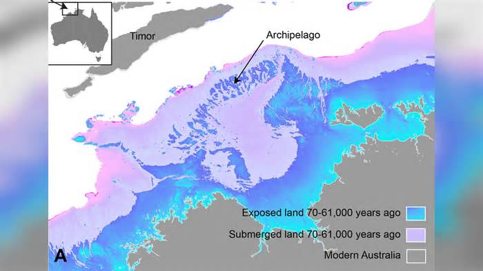 Sea level changes shown as exposed land and unexposed land shown on map of Australian northwest continental shelf.