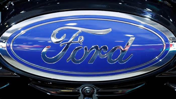 The corporate logo of Ford at a motor show