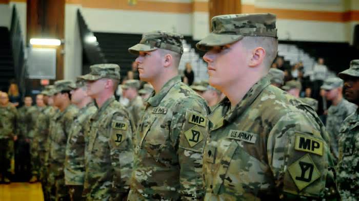 FILE: Soldiers with the Massachusetts National Guard, stand in formation during a a deployment ceremony in Taunton, Mass. Nov. 26, 2017. (Sgt. 1st Class Whitney Hughes/ Massachusetts National Guard)