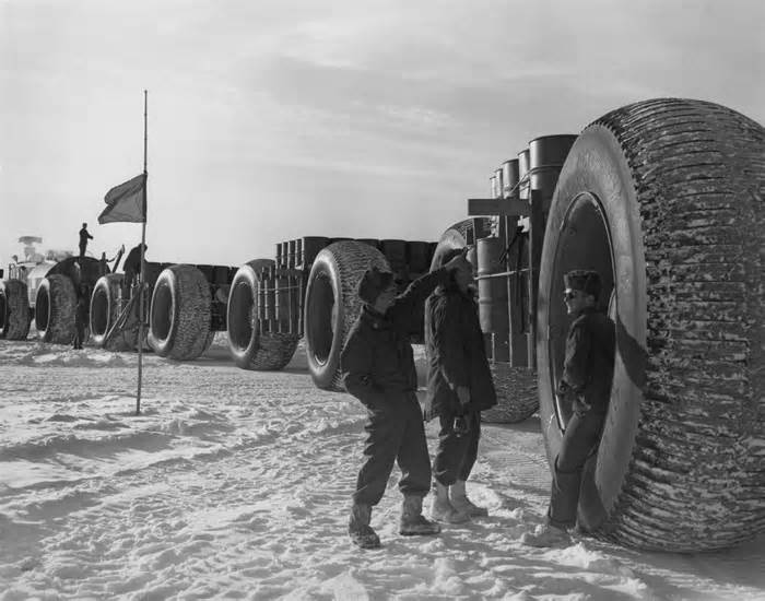 A LeTourneau LCC-1 Sno-Train carries supplies near Camp Century, a U.S. military scientific research base in Greenland, in June 1959. Camp Century was later found to be a cover for Project Iceworm, a secret plan to install nuclear missile launch sites under the Greenland ice sheet.