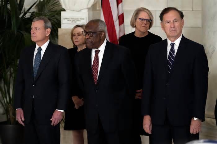 Chief Justice John Robert, and Justices Clarence Thomas and Samuel Alito attended a private ceremony for Sandra Day O'Connor before public repose at the Supreme Court on Dec. 18, 2023.