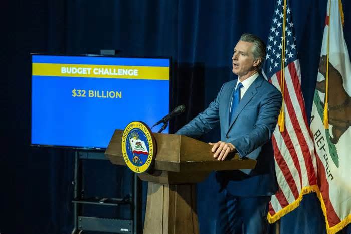 Gov. Gavin Newsom announces his May budget revision in Sacramento on Friday, May 12, 2023. After years of surpluses the state is facing a $32 billion shortfall for the next fiscal year, which begins on July 1.