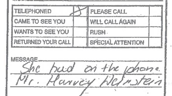 An unsealed legal document in a civil case related to Jeffrey Epstein shows a handwritten phone message saying Harvey Weinstein called. A close-up of that message is seen here. - From Exhibit in Epstein-related litigation