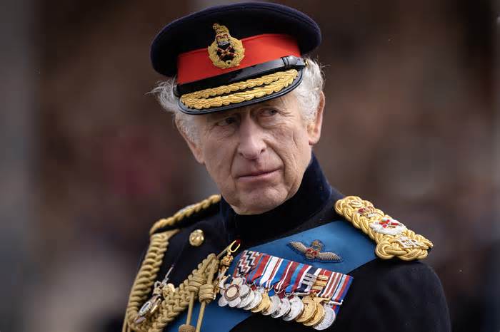 King Charles III inspects the 200th Sovereign’s parade at Royal Military Academy Sandhurst on April 14, 2023 in Camberley, England.