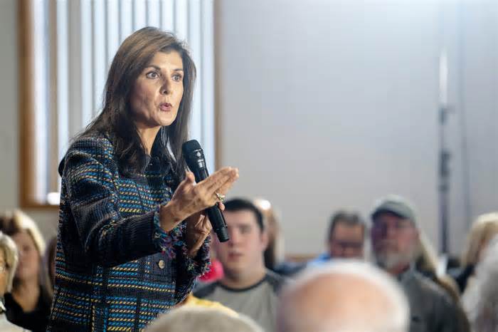 Presidential candidate Nikki Haley speaks during a town hall at Vittoria Lodge on Friday, November 17, 2023 in Ankeny.