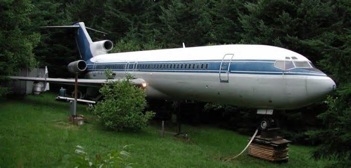 Exterior of Boeing 727-200 Home Project. Bruce Campbell bought the grounded Boeing plane in 1999 and turned it into a home and event space in Hillsboro, Oregon.