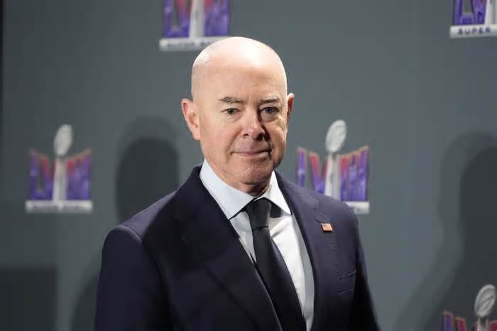 Homeland Security Secretary Alejandro Mayorkas arrives to a news conference about security for NFL's Super Bowl 58 football game, in Las Vegas, Wednesday, Feb. 7, 2024. (AP Photo/Alex Brandon)
