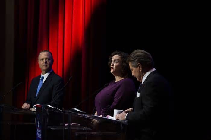 Candidates Adam Schiff, Katie Porter, Steve Garvey participate in the first California Senate debate at Bovard Auditorium at the University of Southern California in Los Angeles, Calif., on Jan. 22.
