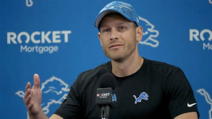 Lions offensive coordinator Ben Johnson talks with reporters before training camp on Wednesday, July 26, 2023, in Allen Park.