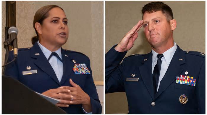 Air Force Col. Anadis Collado (left) and Lt. Col. Douglas Grabowski (right) were both relieved of command on March 14, 2024. Collado was the 628th Medical Group commander and Grabowski led the 628th Healthcare Operations Squadron. (Airman 1st Class Christian Silvera and Staff Sgt. Bailee A. Darbasie/U.S. Air Force)