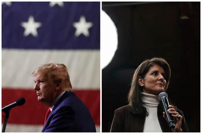 2024 candidate Donald Trump (left) is narrowing his lead over his political opponent Nikki Haley (right) in New Hampshire, according to new polling