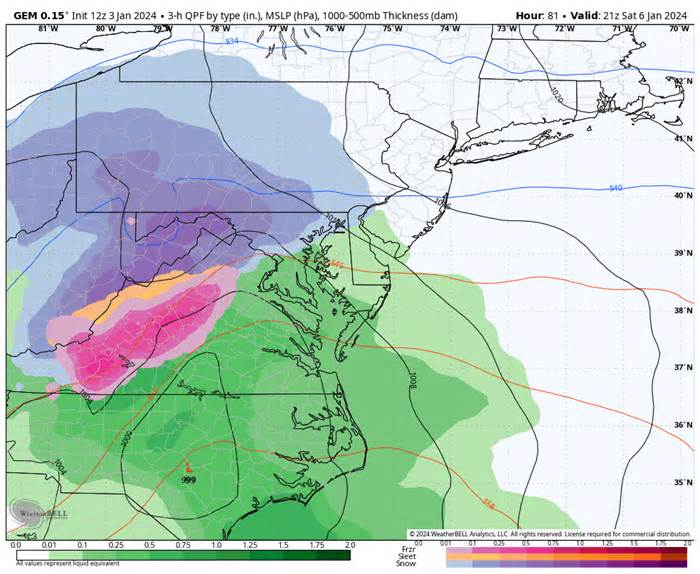 Canadian model simulation of the storm Sunday afternoon. Green indicates rain, blue snow, orange sleet and pink freezing rain. (WeatherBell)
