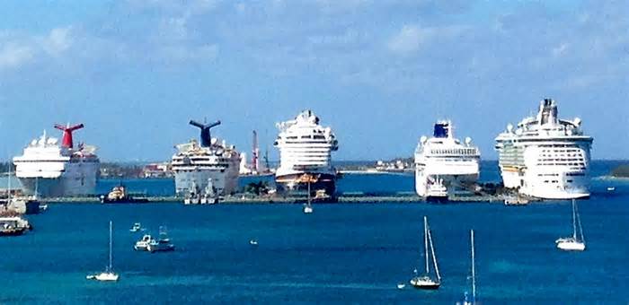 The port at Nassau in the Bahamas is full with five ships including from left to right, the Carnival Ecstacy, Carnival Fantasy, Disney Dream, Norwegian Sky and Royal Caribbean Freedom of the Seas.