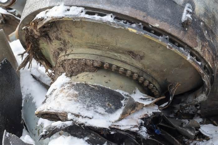 FILE PHOTO: View shows a part of an unidentified missile, which Ukrainian authorities believe to be made in North Korea, in Kharkiv