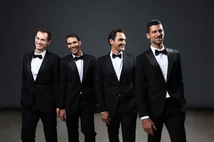 LONDON, ENGLAND - SEPTEMBER 22: (EDITORS NOTE: Image has been digitally retouched) (L-R) Andy Murray, Rafael Nadal, Roger Federer and Novak Djokovic of Team Europe pose for a photograph during a Gala Dinner at Somerset House ahead of the Laver Cup on September 22, 2022 in London, England. (Photo by Clive Brunskill/Getty Images for Laver Cup)