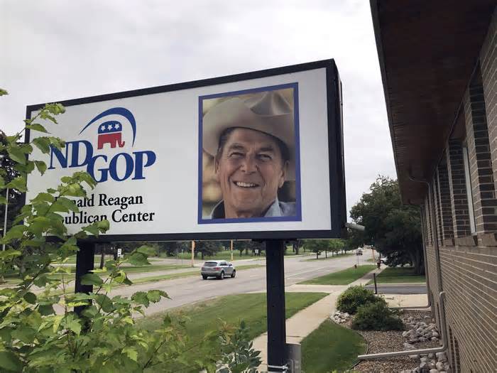 A sign stands outside the Ronald Reagan Republican Center in Bismarck, N.D., Friday, June 16, 2023. Dave Roetman resigned as the North Dakota Republican Party's executive director on Tuesday, Oct. 31, after a media outlet publicized his social media posts making fun of women and commenting on Black people. State Party Chair Sandi Sanford said she was 