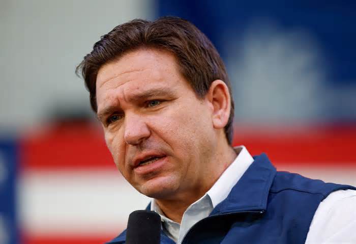 Florida Gov. Ron DeSantis (R) speaks ahead of the South Carolina presidential primary in Myrtle Beach on Jan. 20, 2024. (Reuters/Randall Hill)