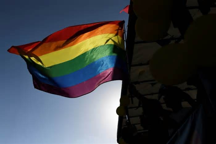 A rainbow flag is seen during the parade of the LGBTIQ+ (lesbian, gay, bisexual, transgender, intersex and queer) Pride parade in Barcelona