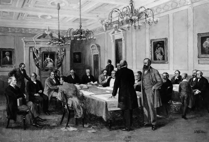 Leaders known collectively as the Fathers of Confederation meet in London in 1866 to frame the British North America Act, setting up the Dominion of Canada.