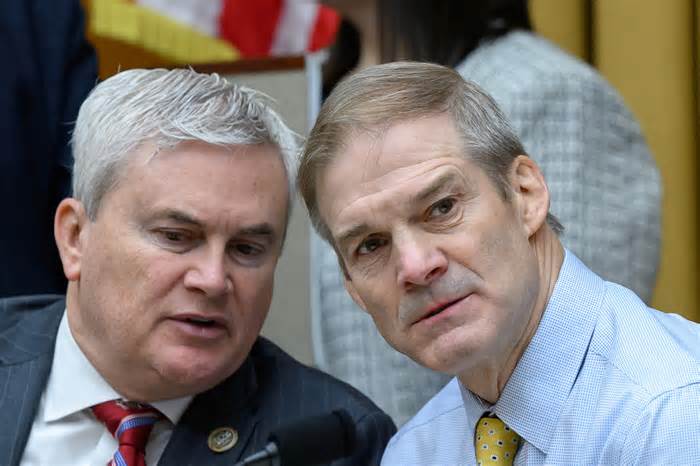 US House Oversight Committee Chair James Comer, (L), Republican of Kentucky; speaks with House Judiciary Committee Chair Jim Jordan, Republican of Ohio; during the testimony of Special Counsel Robert Hur before a House Judiciary Committee hearing on his probe into US President Joe Biden's alleged mishandling of classified materials after serving as vice president, on Capitol Hill in Washington, DC, March 12, 2024.