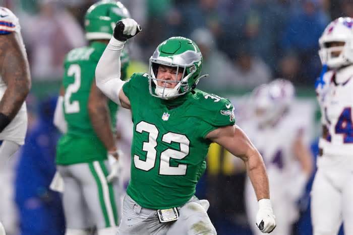 Nov 26, 2023; Philadelphia, Pennsylvania, USA; Philadelphia Eagles safety Reed Blankenship (32) reacts after a stop on third down against the Buffalo Bills during the first quarter at Lincoln Financial Field. Mandatory Credit: Bill Streicher-USA TODAY Sports