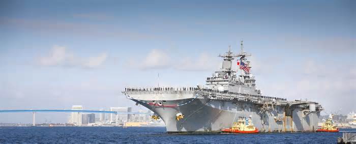 The USS Boxer, the flagship of the Boxer Amphibious Ready Group arrives at Naval Base San Diego, ending a seven-month deployment, November 27, 2019.
