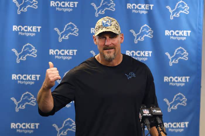 Detroit Lions head coach Dan Campbell addresses the media after an NFL football game against the Chicago Bears, Sunday, Nov. 19, 2023, in Detroit. (AP Photo/Duane Burleson)