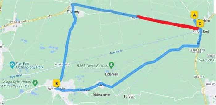 Drivers are being warned that a major Fenland road will be closed (marked in red) for five nights later this month causing a 23-mile diversion to be in place. Image: Google Maps.