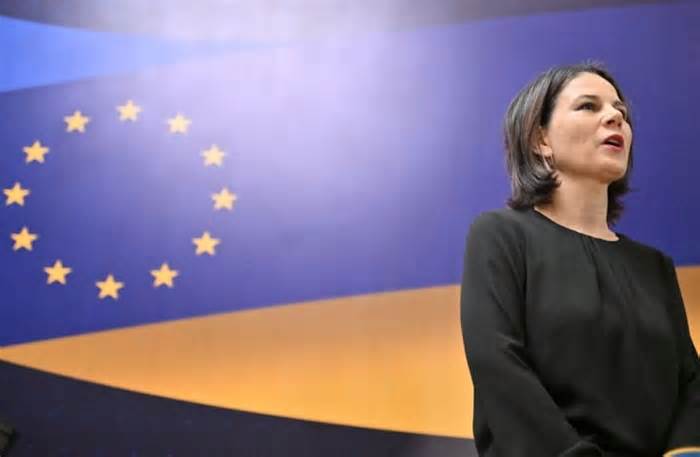 German Foreign Minister Annalena Baerbock talks with the media prior to the EU-Ukraine Foreign Minister's meeting in Kyiv on Oct. 2, 2023. (Sergei Supinsky/AFP via Getty Images)