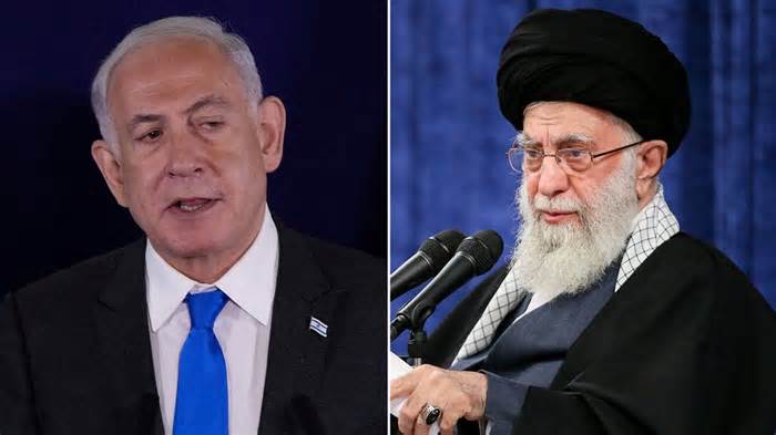 Split screen showing Israeli Prime Minister Benjamin Netanyahu and Ayatollah Ali Khamenei of Iran.