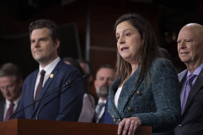 US Representative Elise Stefanik, Republican of New York, with Representative Matt Gaetz (L), Republican of Florida, speaks at a press conference to discuss the introduction of a resolution stating former 'President Donald J. Trump did not engage in insurrection or rebellion against the United States, or give aid or comfort to the enemies thereof.' on Capitol Hill in Washington, DC, on February 6, 2024. (Photo by ROBERTO SCHMIDT / AFP) (Photo by ROBERTO SCHMIDT/AFP via Getty Images) (Photo: ROBERTO SCHMIDT via Getty Images)