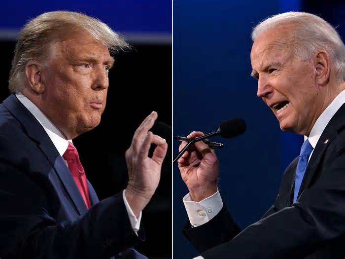 In a combination of pictures created on Oct. 22, 2020, the GOP's Donald Trump, left, and Democratic candidate Joe Biden during the final presidential debate at Belmont University in Nashville, Tennessee.