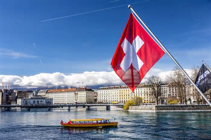 Swiss flag is pictured at the Harbour in Geneva