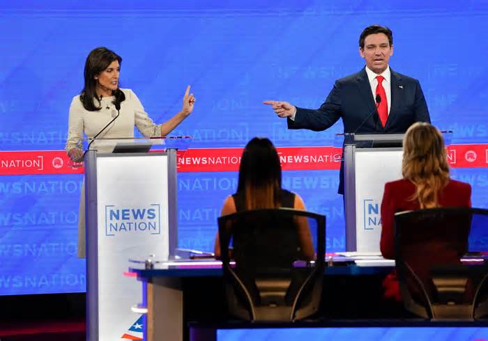 Former South Carolina Gov. Nikki Haley and Florida Gov. Ron DeSantis at the fourth Republican Presidential Primary Debate on Dec. 6, 2023. The two will be the only candidates at the fifth GOP debate on Jan. 10, 2024.