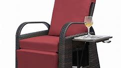 Skypatio Indoor & Outdoor Recliner Chair,PE Wicker Patio Recliner with Flip Table,Red