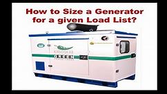 Generator Sizing for the given load list