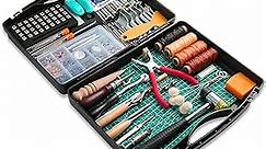273 Pieces Leather Working Tools and Supplies with Leather Tool Box Cutting Mat Hammer Stamping Tools Needles Snaps and Rivets Kit Perfect for Stitching Punching Cutting Sewing Leather Craft Making