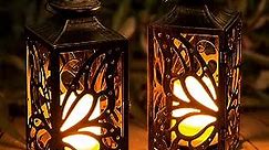 Solar Lanterns Outdoor Garden Decor - OxyLED 2 Pack 14.2 Inch LED Waterproof Hanging Retro Butterfly Lantern with Handle Flickering Flameless Candle Mission Lights for Table Patio Yard Pathway Porch