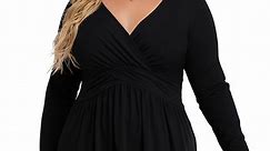 Uvplove Women's Spring Plus Size V-Neck Tunic Tops Casual Loose Long Sleeve Blouses with Pleated,US 3XL-Large in Black