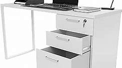 Milano Home Office Desk - 47 Inch White/White Home Office Desk with Drawers - Modern Computer Desk with Storage, Detachable & Lockable Computer Cabinet - Wooden Office, Study, and Writing Table