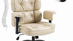 YAMASORO Executive Desk Chair Leather Office Chair with Wheels Rubber, Mid Century Modern Office Chair Ergonomic with Three-Section Back Support, Beige Oli-Waxed Leather